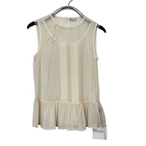 RED Valentino Silk Mesh Peplum Blouse US 6 Ecru Bow Point D'esprit NWT
